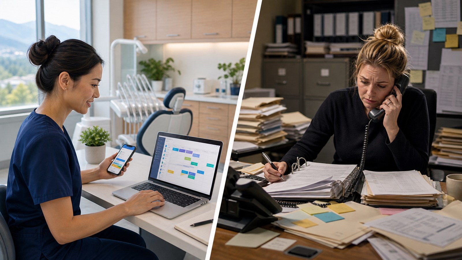 Modern dental staffing marketplace workflow compared with a traditional phone and paper agency process