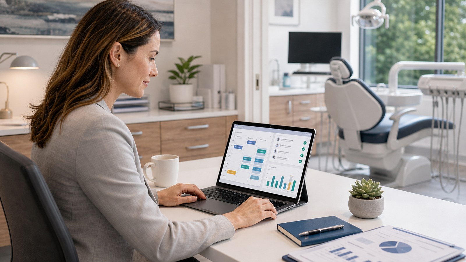 Dental office manager reviewing direct hygiene shift coverage without agency markups