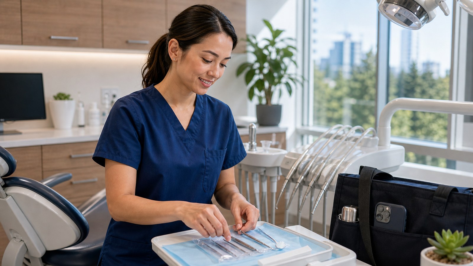 Dental assistant preparing an operatory before a flexible temp shift