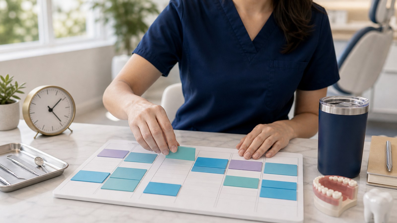 Dental shift schedule blocks beside dental tools showing flexible partial offers