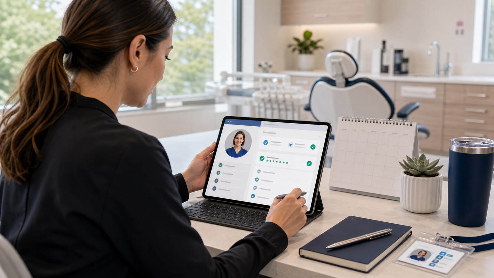 Verified dental professional profile with credential and rating cues for trust
