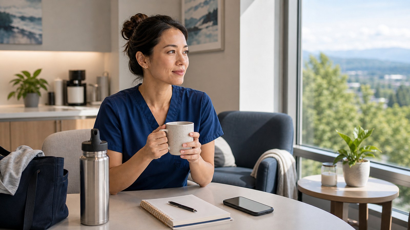 Dental hygienist taking a calm reflective pause after a difficult shift
