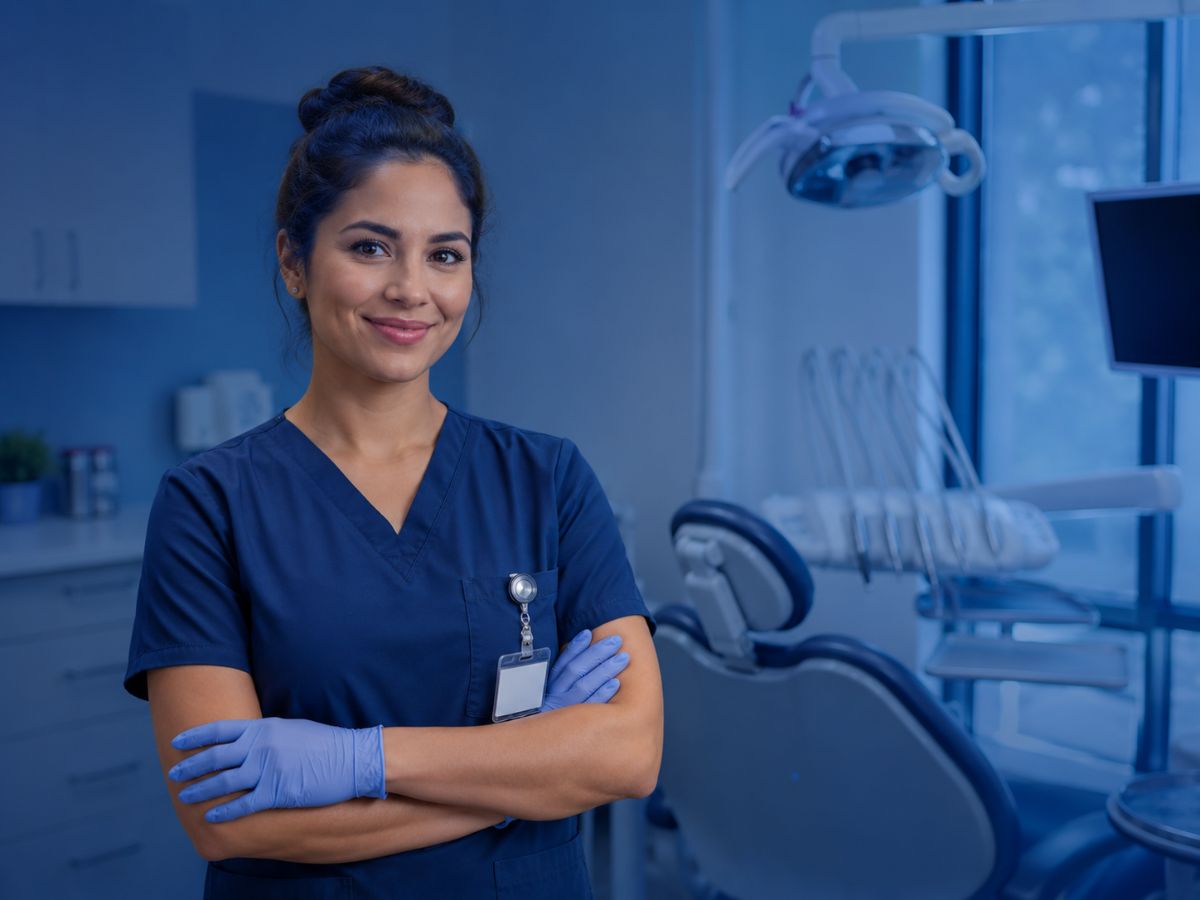 Confident dental professional standing in a modern dental office