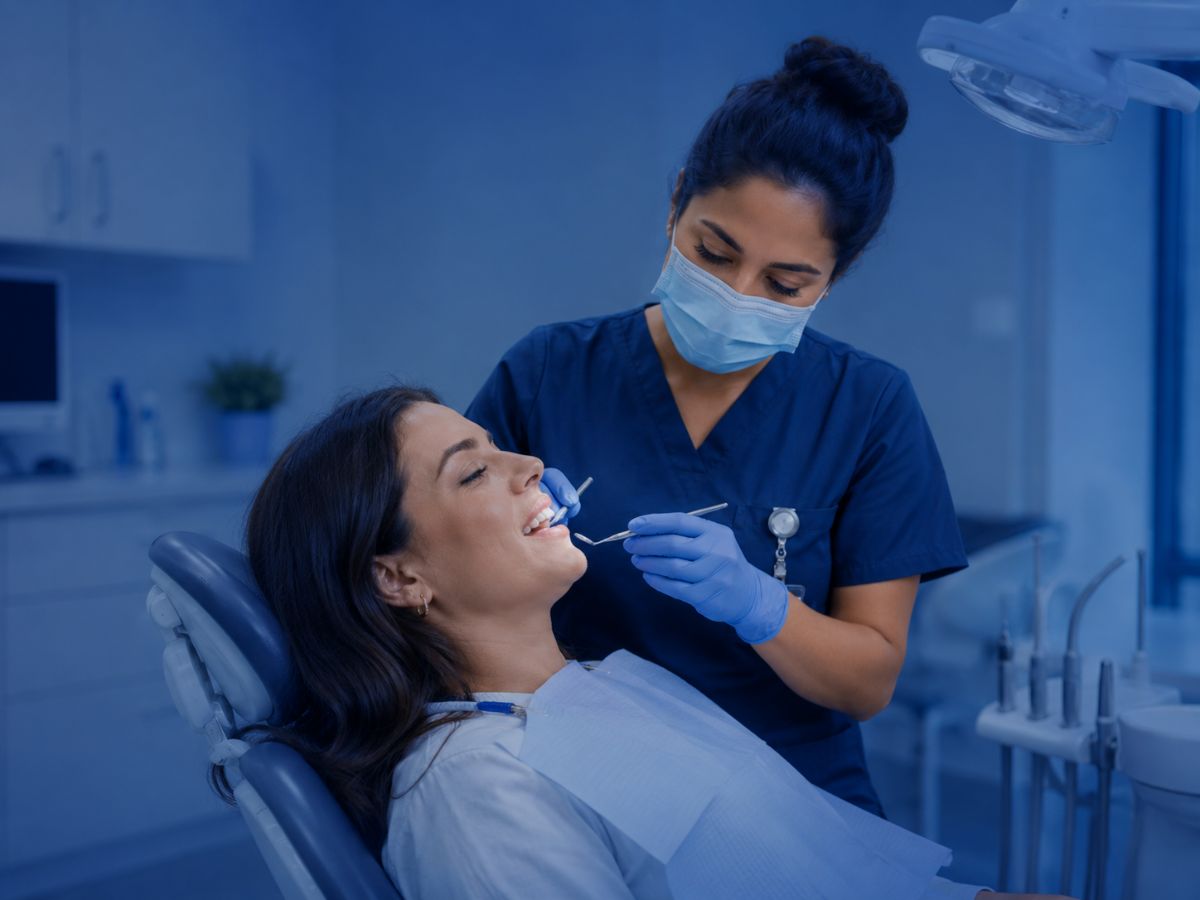 Dental hygienist treating a smiling patient