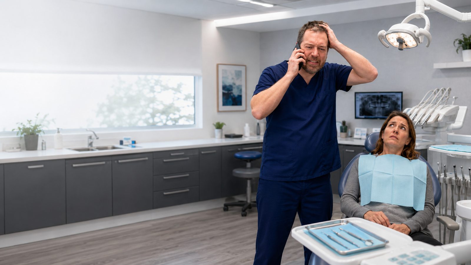 Dentist making an urgent morning phone call while a patient waits