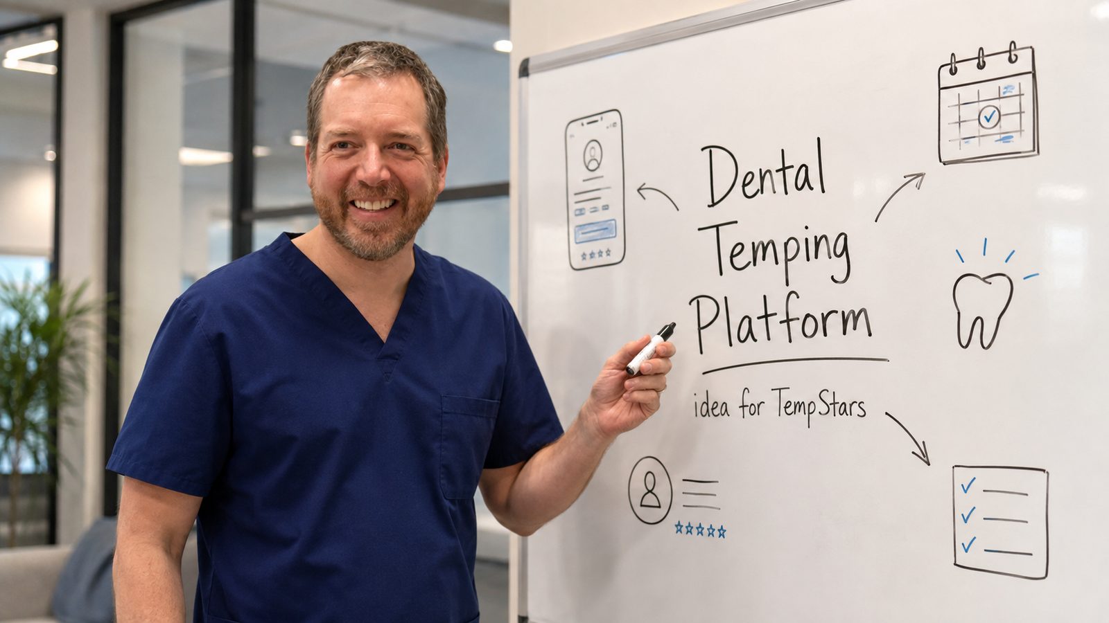 Dr. James Younger at a whiteboard sketching the idea for a dental temping platform