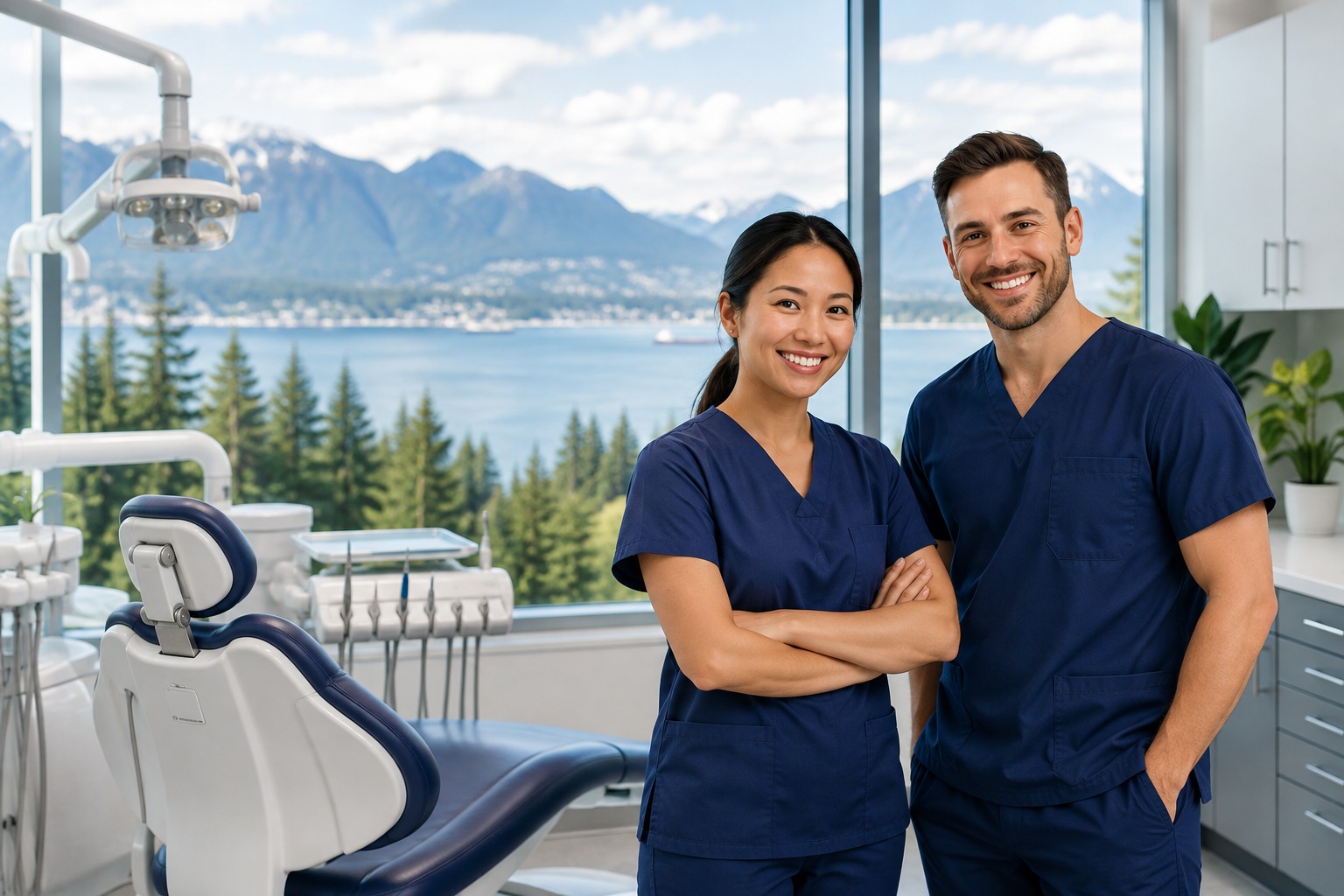 Dental team standing in a dental office with mountain views in British Columbia