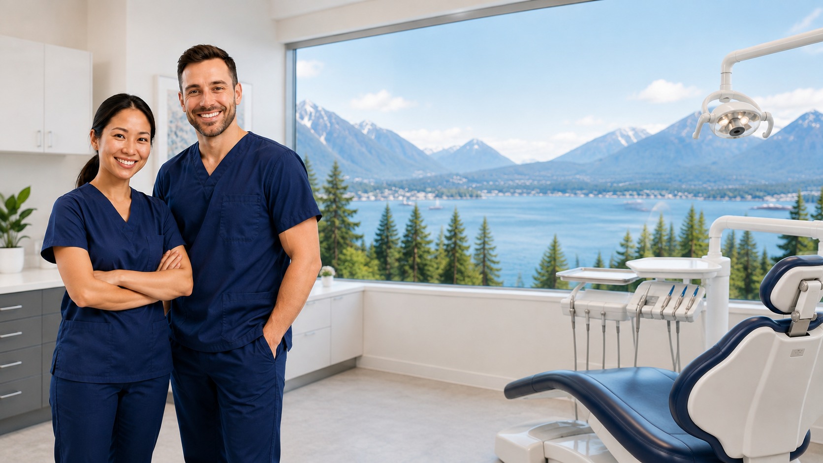 Two dental professionals in a bright BC dental office with a lake view