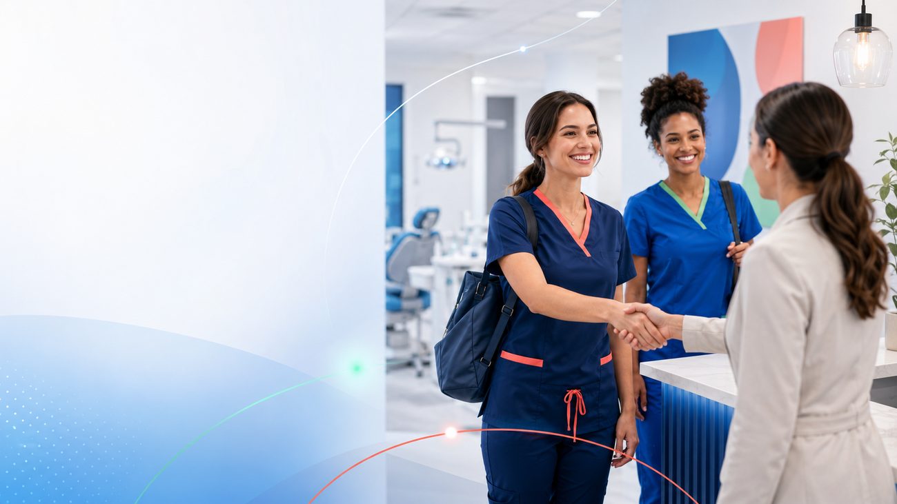 Dental office manager welcoming a temping professional with a handshake