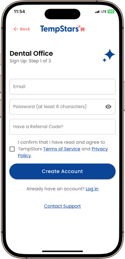 TempStars app: dental office sign-up screen